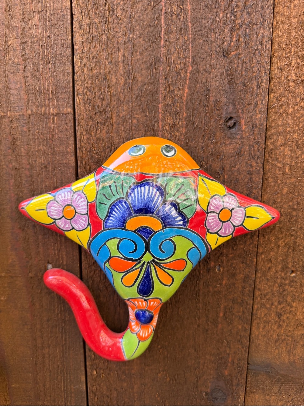 Hand-Painted Multicolor Talavera Stingray Wall Hook - Decorative Home Accent